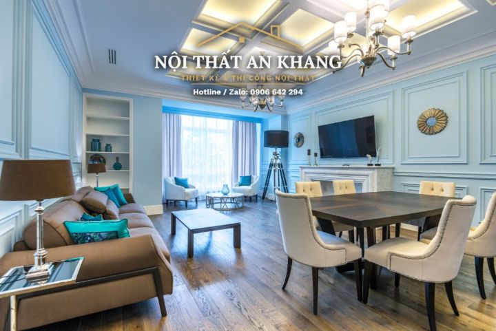 Căn hộ tân cổ điển xanh pastel – phòng khách, bếp, bàn ăn, phòng tắm – góc 2
