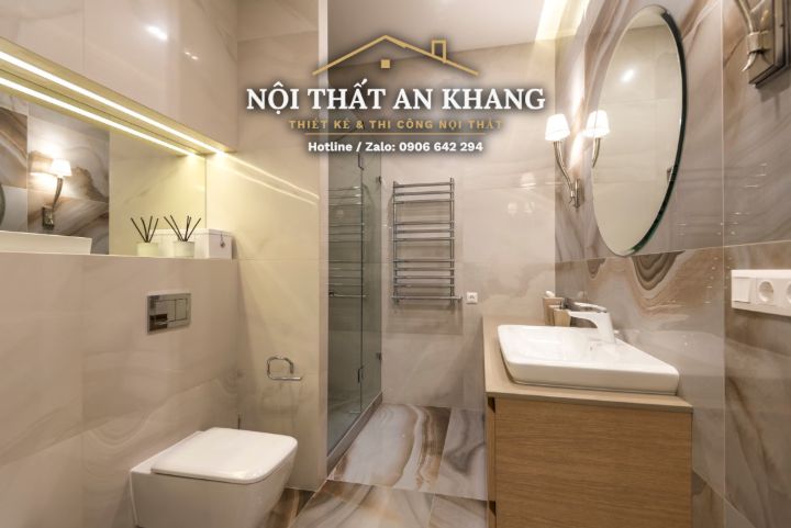 Căn hộ tân cổ điển xanh pastel – phòng khách, bếp, bàn ăn, phòng tắm – góc 20