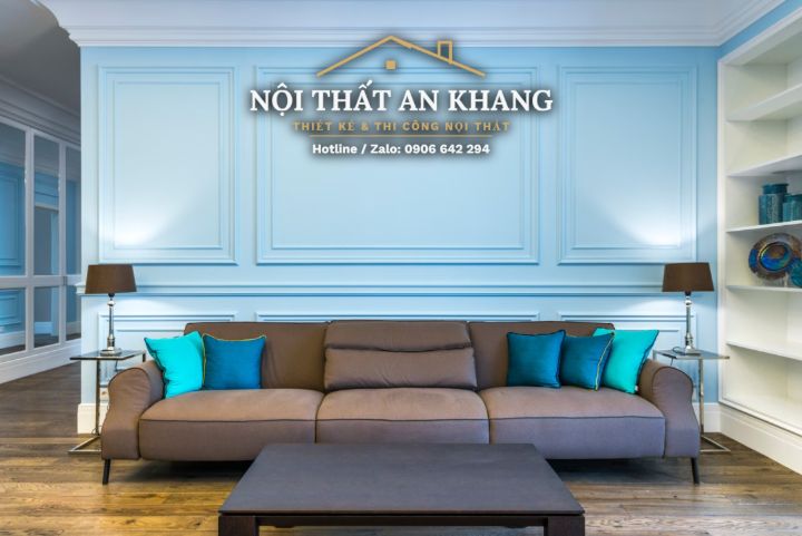 Căn hộ tân cổ điển xanh pastel – phòng khách, bếp, bàn ăn, phòng tắm – góc 3