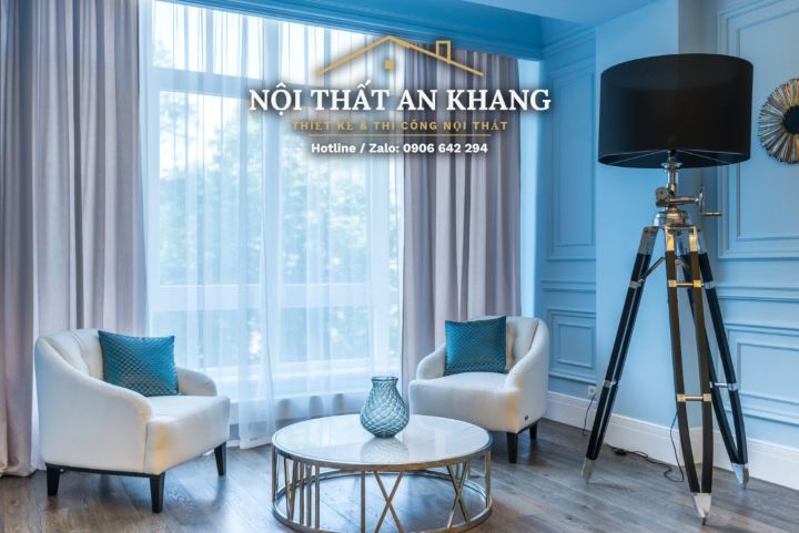 Căn hộ tân cổ điển xanh pastel – phòng khách, bếp, bàn ăn, phòng tắm – góc 4