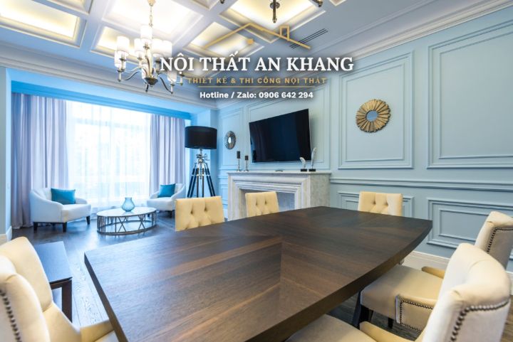 Căn hộ tân cổ điển xanh pastel – phòng khách, bếp, bàn ăn, phòng tắm – góc 5