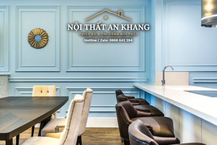 Căn hộ tân cổ điển xanh pastel – phòng khách, bếp, bàn ăn, phòng tắm – góc 6