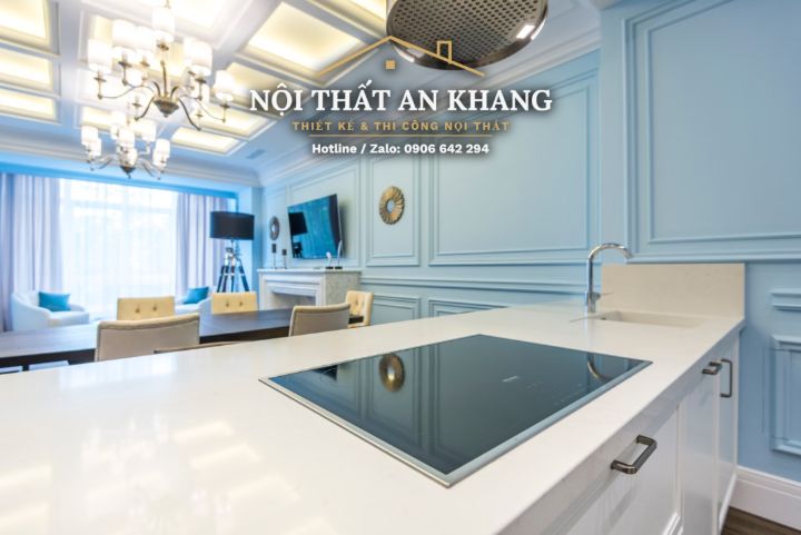 Căn hộ tân cổ điển xanh pastel – phòng khách, bếp, bàn ăn, phòng tắm – góc 7