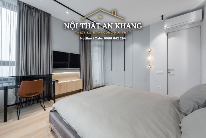 Căn hộ tối giản xám – trắng – phòng khách, phòng ngủ, phòng tắm – góc 10