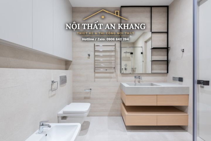 Căn hộ tối giản xám – trắng – phòng khách, phòng ngủ, phòng tắm – góc 18