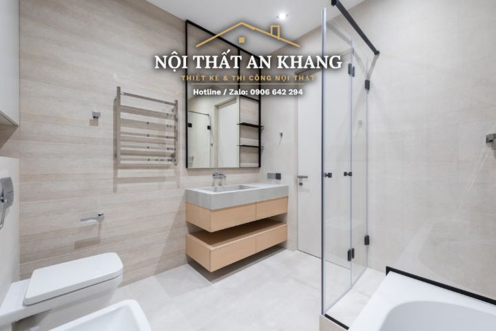 Căn hộ tối giản xám – trắng – phòng khách, phòng ngủ, phòng tắm – góc 21