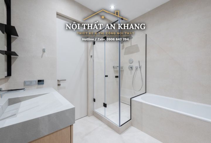 Căn hộ tối giản xám – trắng – phòng khách, phòng ngủ, phòng tắm – góc 22