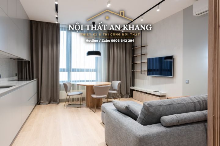 Căn hộ tối giản xám – trắng – phòng khách, phòng ngủ, phòng tắm – góc 6