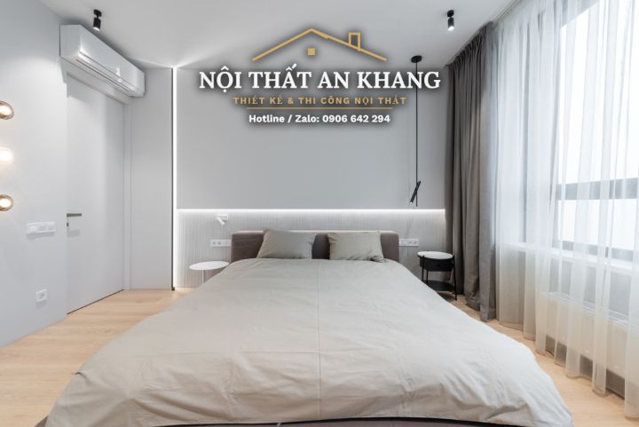 Căn hộ tối giản xám – trắng – phòng khách, phòng ngủ, phòng tắm – góc 9