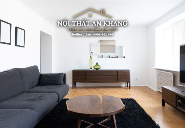 Căn hộ trắng – gỗ tự nhiên – tường ốp đá: khách, ăn, ngủ, tắm – mẫu thiết kế nội thất căn hộ