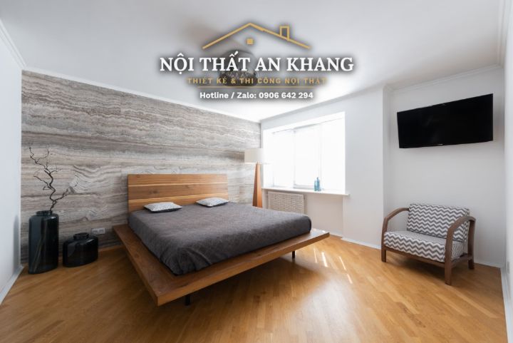 Căn hộ trắng – gỗ tự nhiên – tường ốp đá: khách, ăn, ngủ, tắm – góc 10
