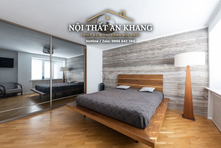 Căn hộ trắng – gỗ tự nhiên – tường ốp đá: khách, ăn, ngủ, tắm – góc 11