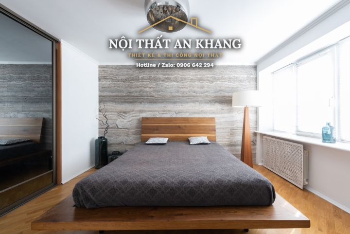 Căn hộ trắng – gỗ tự nhiên – tường ốp đá: khách, ăn, ngủ, tắm – góc 12