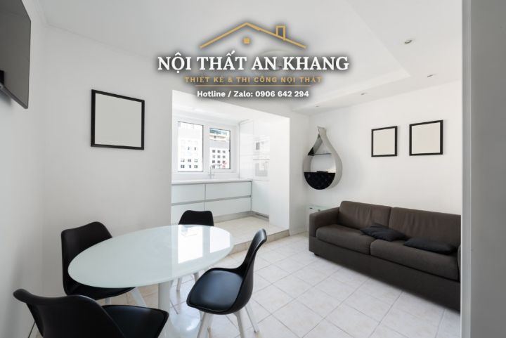 Căn hộ trắng – gỗ tự nhiên – tường ốp đá: khách, ăn, ngủ, tắm – góc 2