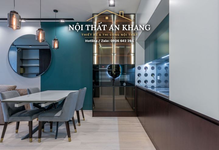 Phòng khách liền bếp căn hộ tường xanh – góc 4