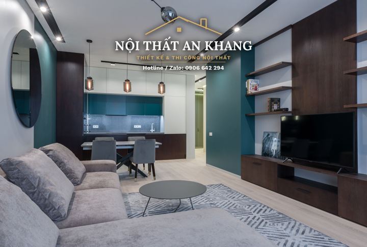 Phòng khách liền bếp căn hộ tường xanh – góc 6