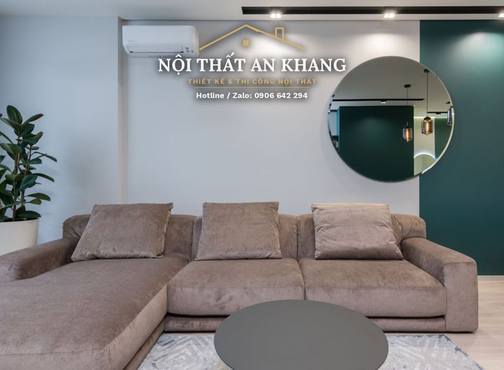 Phòng khách liền bếp căn hộ tường xanh – góc 8