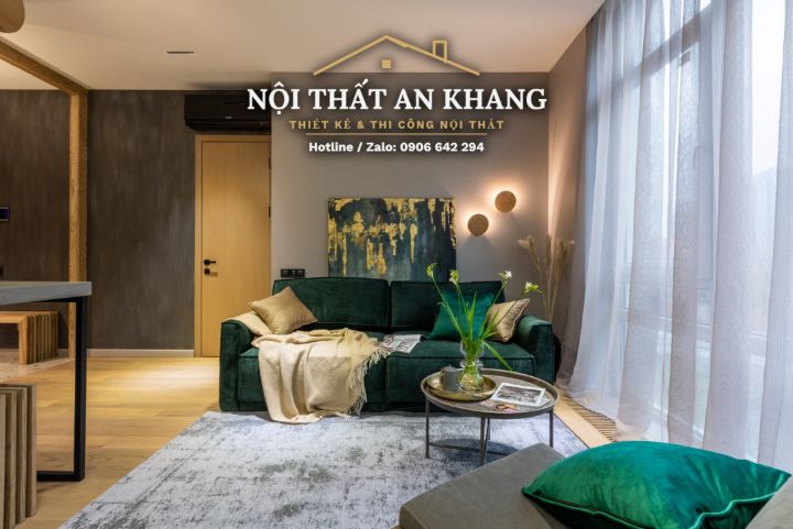 Căn hộ xanh rêu – gỗ – đá xám: khách, bếp, phòng ngủ, phòng thay đồ, phòng tắm – mẫu thiết kế nội thất căn hộ