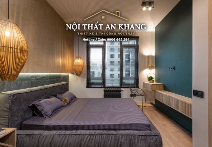Căn hộ xanh rêu – gỗ – đá xám: khách, bếp, phòng ngủ, phòng thay đồ, phòng tắm – góc 12
