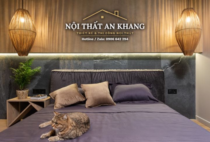 Căn hộ xanh rêu – gỗ – đá xám: khách, bếp, phòng ngủ, phòng thay đồ, phòng tắm – góc 13