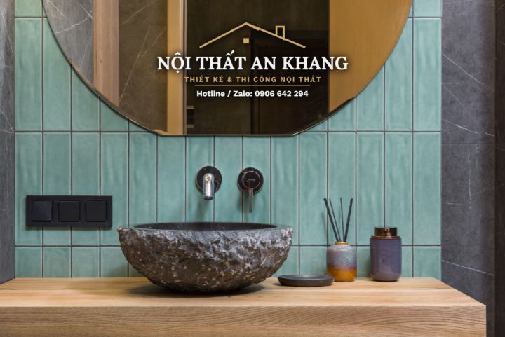 Căn hộ xanh rêu – gỗ – đá xám: khách, bếp, phòng ngủ, phòng thay đồ, phòng tắm – góc 25
