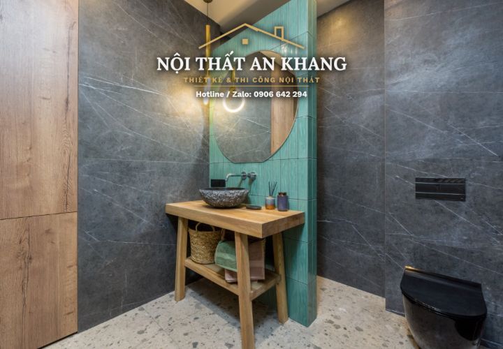 Căn hộ xanh rêu – gỗ – đá xám: khách, bếp, phòng ngủ, phòng thay đồ, phòng tắm – góc 27