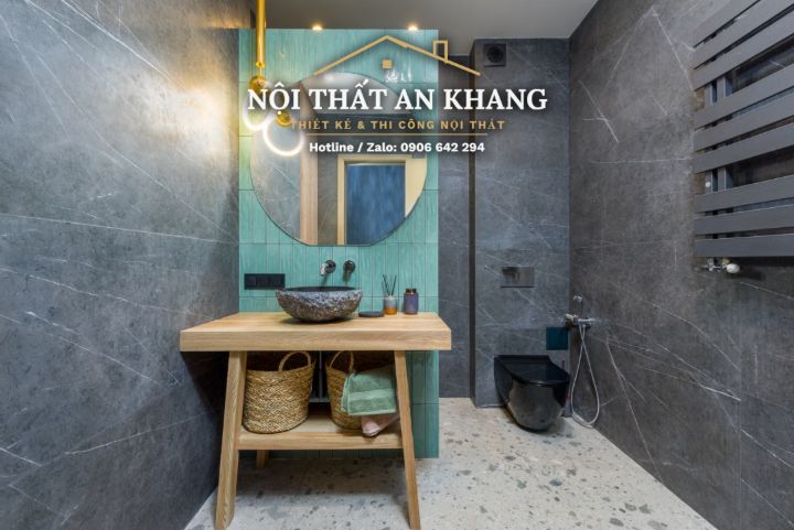 Căn hộ xanh rêu – gỗ – đá xám: khách, bếp, phòng ngủ, phòng thay đồ, phòng tắm – góc 28