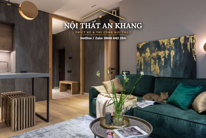 Căn hộ xanh rêu – gỗ – đá xám: khách, bếp, phòng ngủ, phòng thay đồ, phòng tắm – góc 3