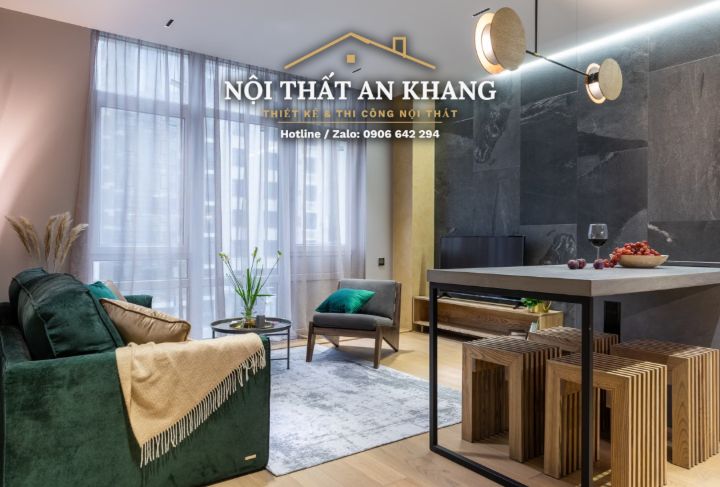 Căn hộ xanh rêu – gỗ – đá xám: khách, bếp, phòng ngủ, phòng thay đồ, phòng tắm – góc 4