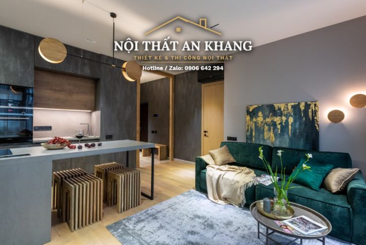 Căn hộ xanh rêu – gỗ – đá xám: khách, bếp, phòng ngủ, phòng thay đồ, phòng tắm – góc 5