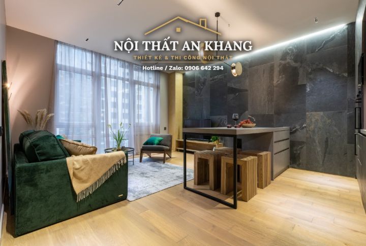 Căn hộ xanh rêu – gỗ – đá xám: khách, bếp, phòng ngủ, phòng thay đồ, phòng tắm – góc 6