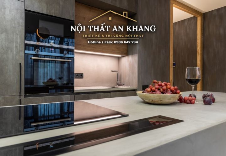 Căn hộ xanh rêu – gỗ – đá xám: khách, bếp, phòng ngủ, phòng thay đồ, phòng tắm – góc 7