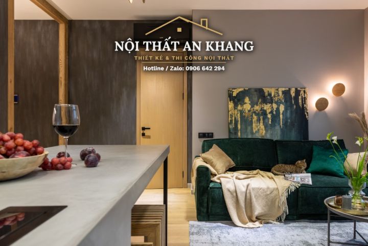 Căn hộ xanh rêu – gỗ – đá xám: khách, bếp, phòng ngủ, phòng thay đồ, phòng tắm – góc 8