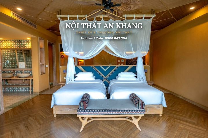 Phòng nghỉ Indochine giữa ruộng bậc thang – gạch bông, bồn tắm đá – mẫu thiết kế nội thất biệt thự
