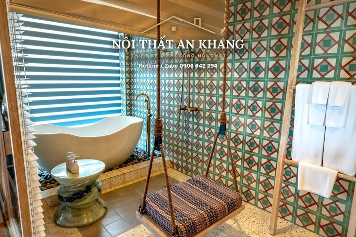 Phòng nghỉ Indochine giữa ruộng bậc thang – gạch bông, bồn tắm đá – góc 11