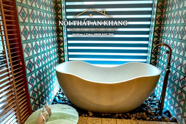 Phòng nghỉ Indochine giữa ruộng bậc thang – gạch bông, bồn tắm đá – góc 12