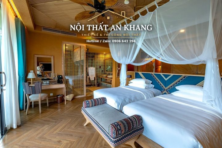 Phòng nghỉ Indochine giữa ruộng bậc thang – gạch bông, bồn tắm đá – góc 2