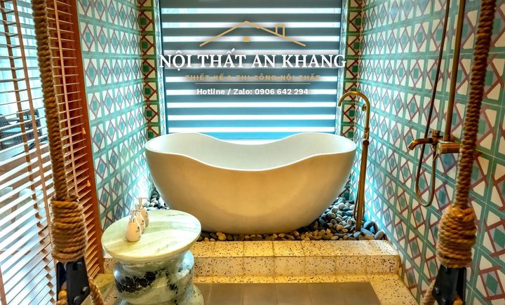 Phòng nghỉ Indochine giữa ruộng bậc thang – gạch bông, bồn tắm đá – góc 3