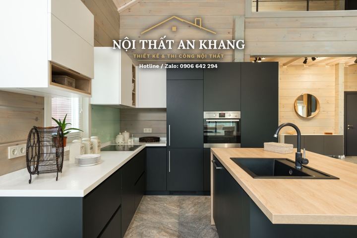 Bếp & bàn ăn nhà phố – tủ đen phối gỗ – góc 2