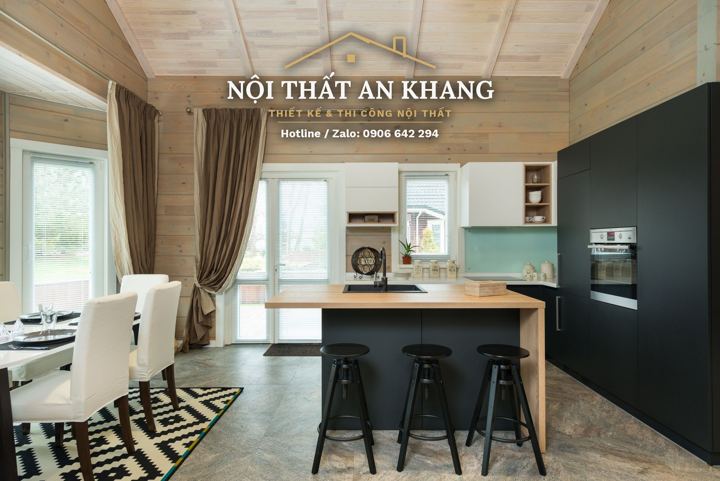 Bếp & bàn ăn nhà phố – tủ đen phối gỗ – góc 5