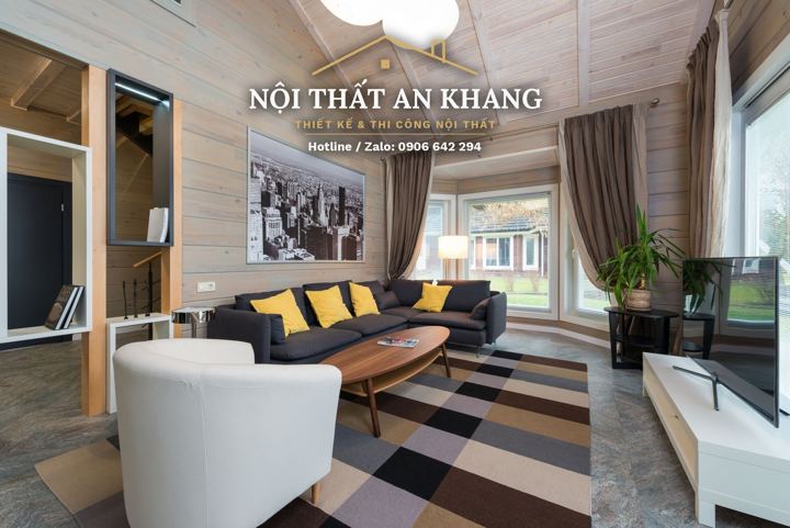 Phòng khách nhà phố ốp gỗ – gác lửng – góc 5