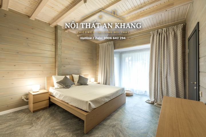 Phòng ngủ nhà phố ốp gỗ – tủ áo âm tường – góc 2
