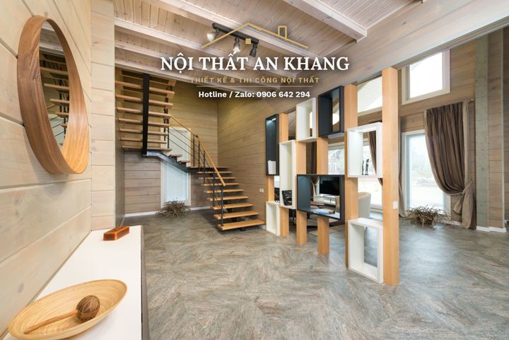 Sảnh & cầu thang nhà phố ốp gỗ – góc 2