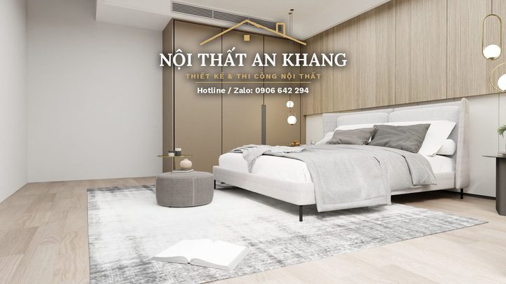 Phòng ngủ hiện đại gỗ ấm – vách ốp gỗ, đầu giường bọc nệm – mẫu thiết kế nội thất căn hộ
