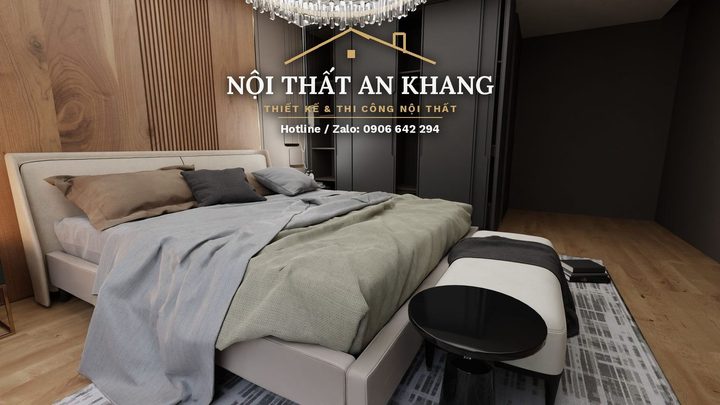 Phòng ngủ hiện đại gỗ ấm – vách ốp gỗ, đầu giường bọc nệm – góc 10