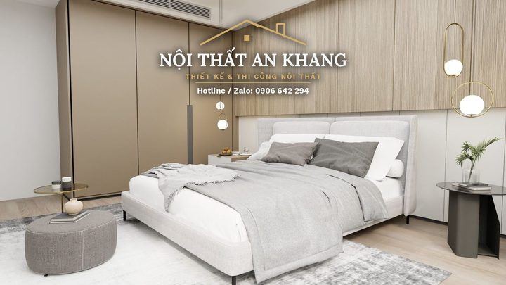 Phòng ngủ hiện đại gỗ ấm – vách ốp gỗ, đầu giường bọc nệm – góc 11