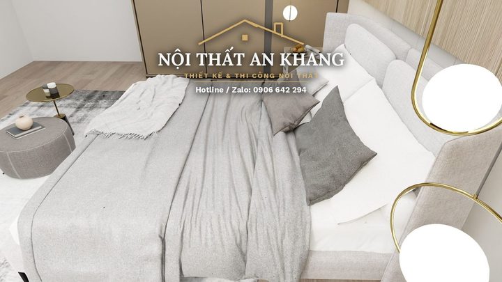 Phòng ngủ hiện đại gỗ ấm – vách ốp gỗ, đầu giường bọc nệm – góc 2