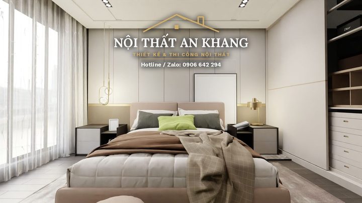 Phòng ngủ hiện đại gỗ ấm – vách ốp gỗ, đầu giường bọc nệm – góc 3