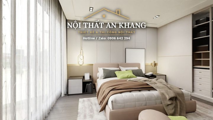 Phòng ngủ hiện đại gỗ ấm – vách ốp gỗ, đầu giường bọc nệm – góc 4