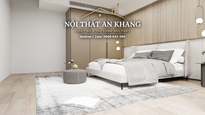 Phòng ngủ hiện đại gỗ ấm – vách ốp gỗ, đầu giường bọc nệm – góc 6